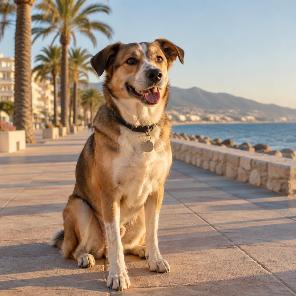 Perro atento y tranquilo sentado en un paseo marítimo de la Costa del Sol